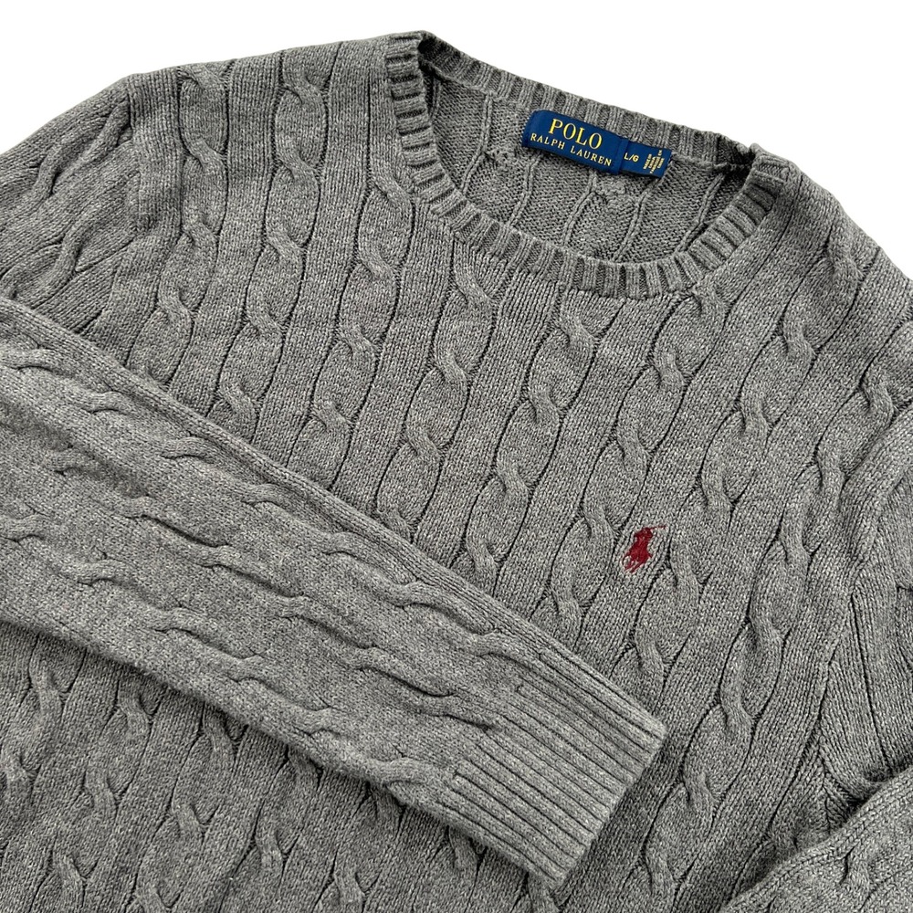 Polo Ralph Lauren Cable Knit Sweater Mens Large Gray Cotton Fisherman Ivy Preppy